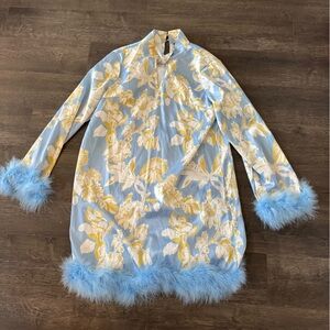 SHEIN Light Blue & Yellow Floral Midi Dress with Feather Trim
